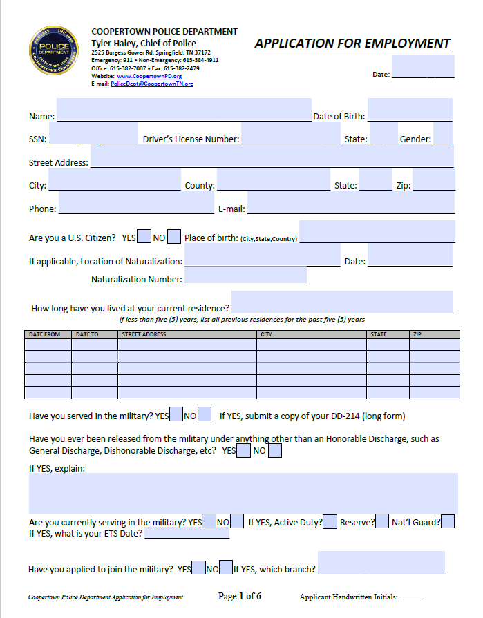 Coopertown Police Department Application